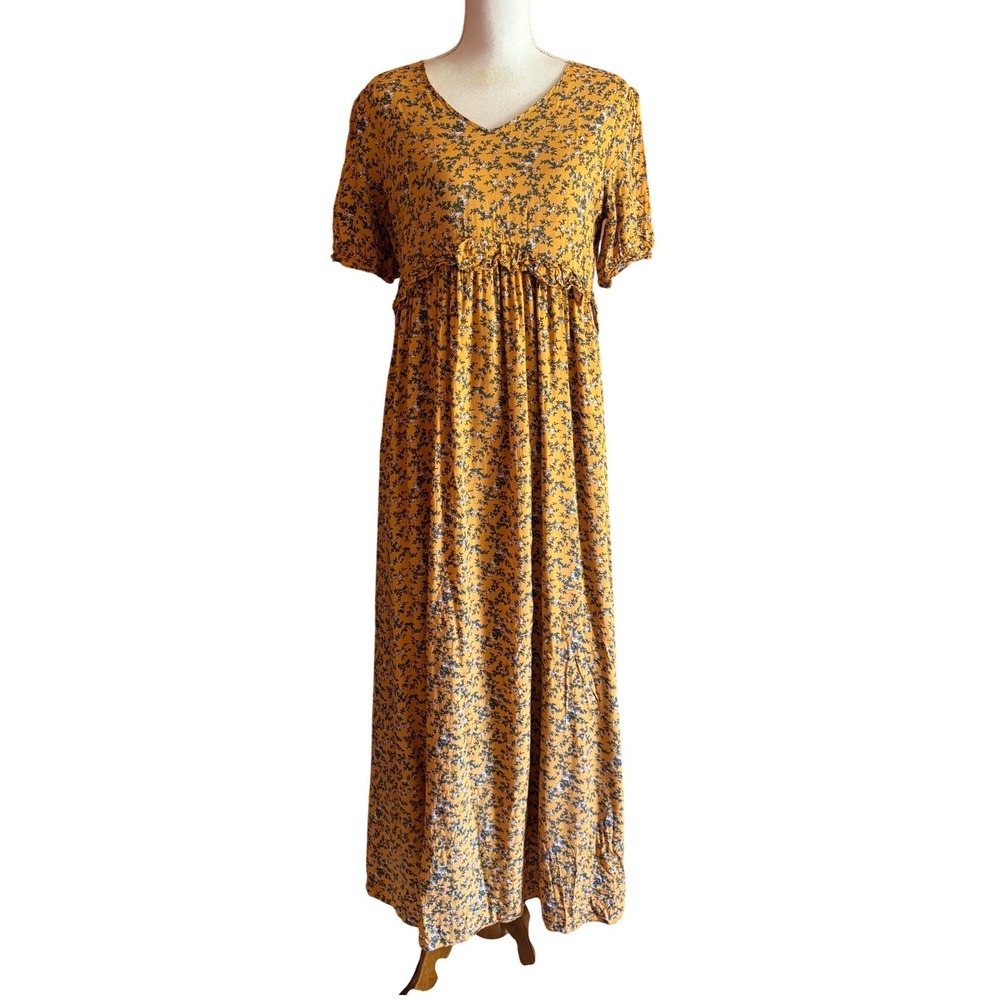 Roolee Mustard Floral Maxi Dress Medium Cottagecore Prairie Boho Empire Waist